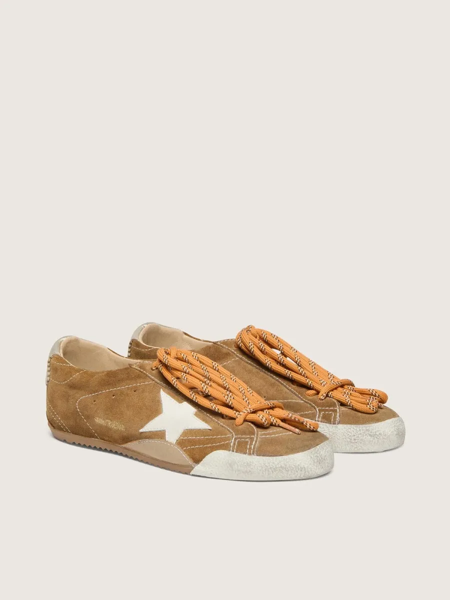 True-Star Uomo in suede color tabacco con stella bianca e talloncino platino