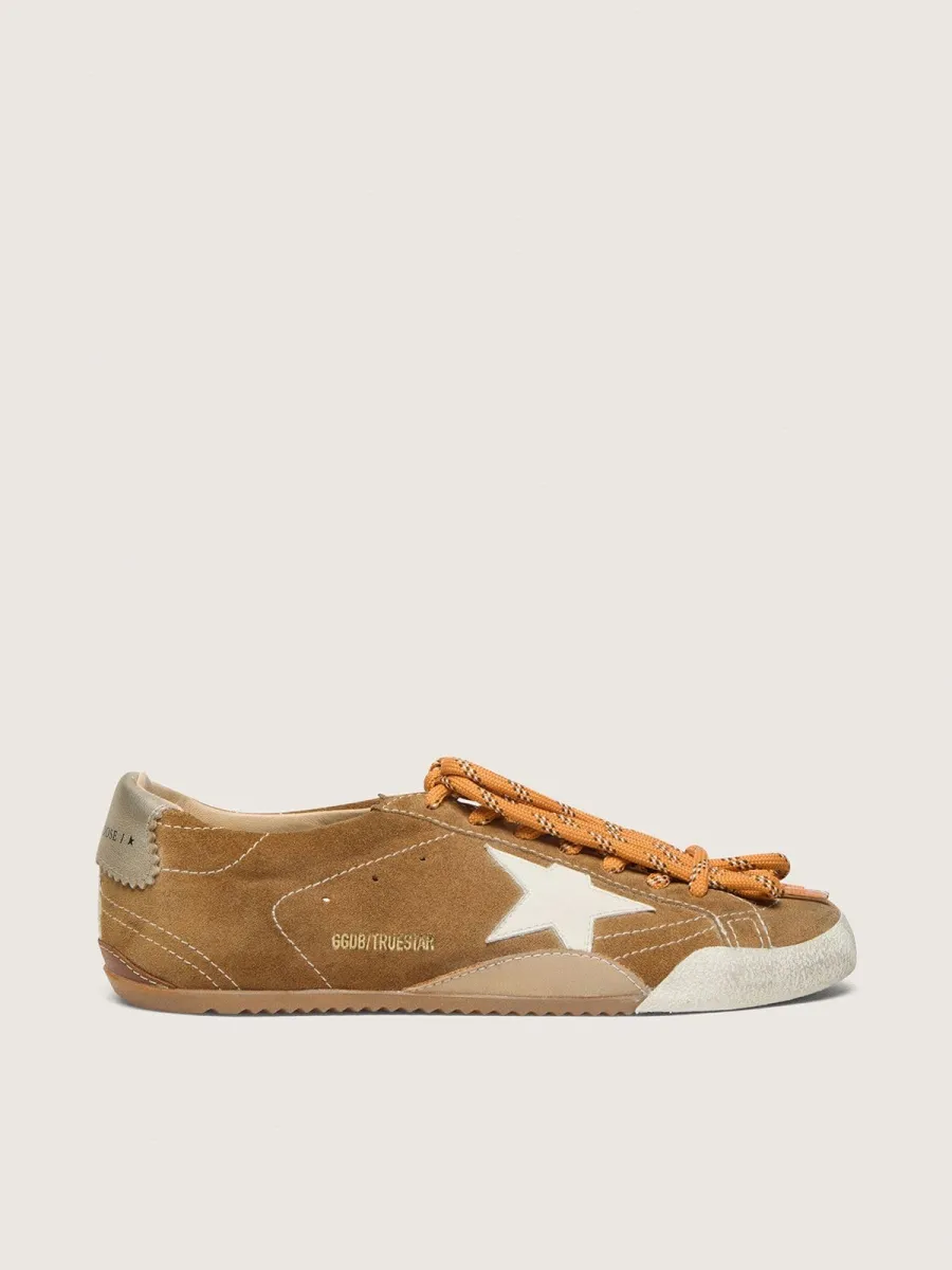 True-Star Uomo in suede color tabacco con stella bianca e talloncino platino