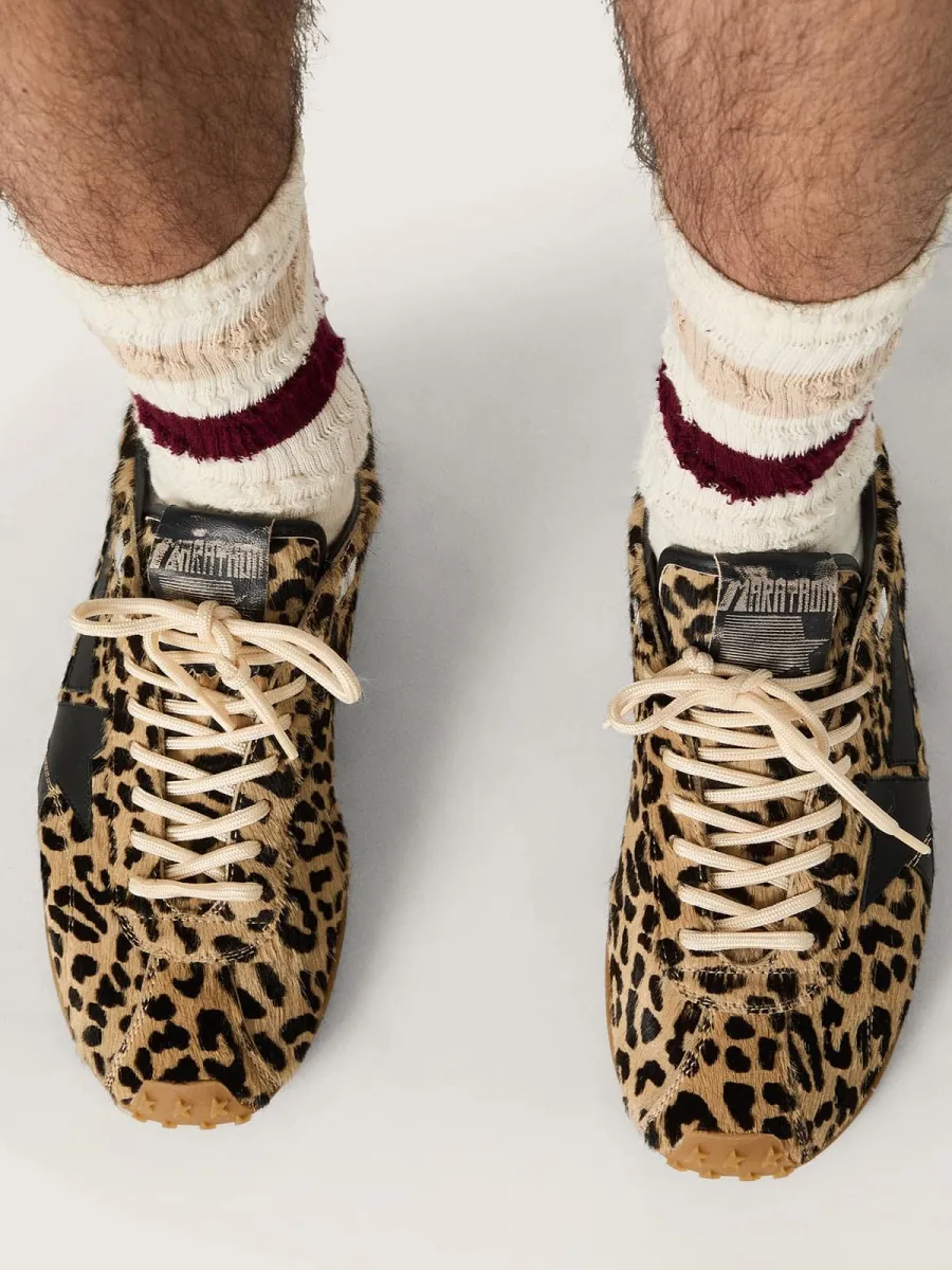 Marathon Speed Uomo in cavallino con stampa leopardata beige e nera e stella in pelle nera