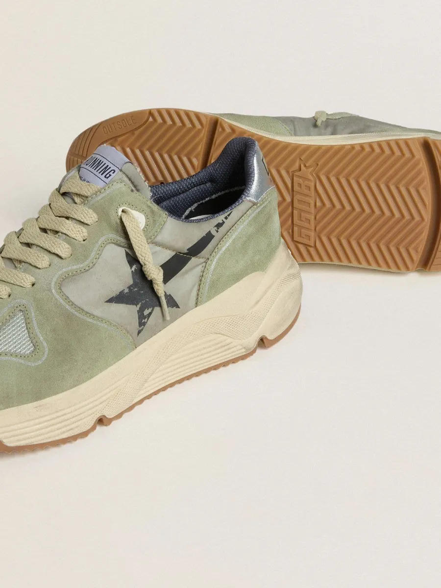 Running Sole Uomo in nylon e suede verde salvia con stella nera stampata