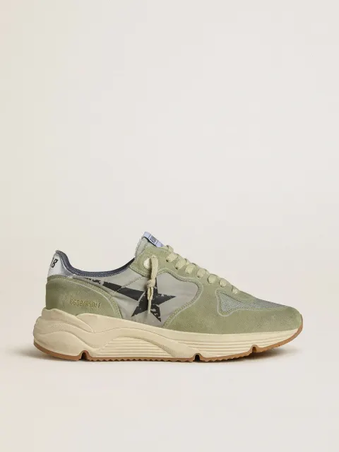 Running Sole Uomo in nylon e suede verde salvia con stella nera stampata