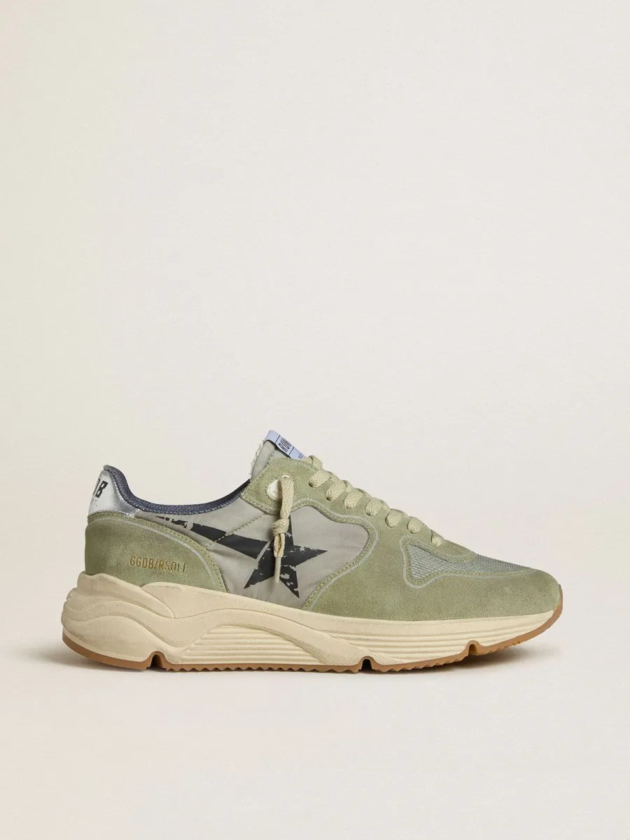 Running Sole Uomo in nylon e suede verde salvia con stella nera stampata
