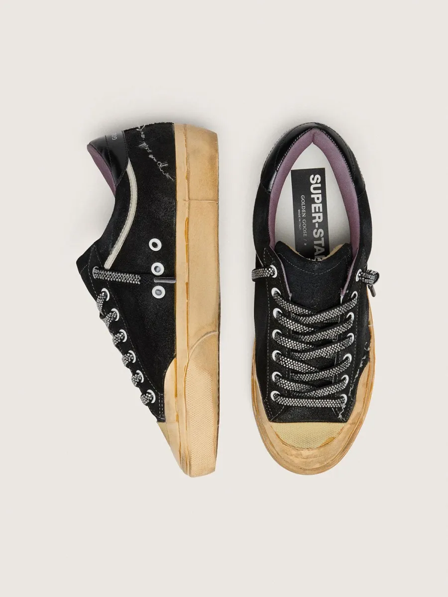 Super-Star Uomo LAB in suede laminato nero e nylon con stella in rilievo e lacci con cristalli