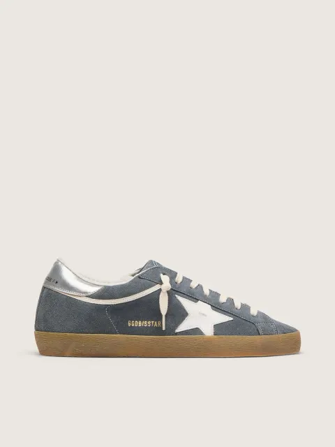 Super-Star Uomo in suede grigio con stella in pelle bianca e talloncino in pelle argento