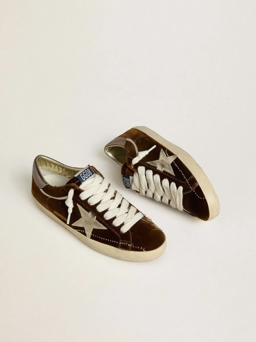 Super-Star Uomo in velluto cognac con stella e talloncino in pelle laminata
