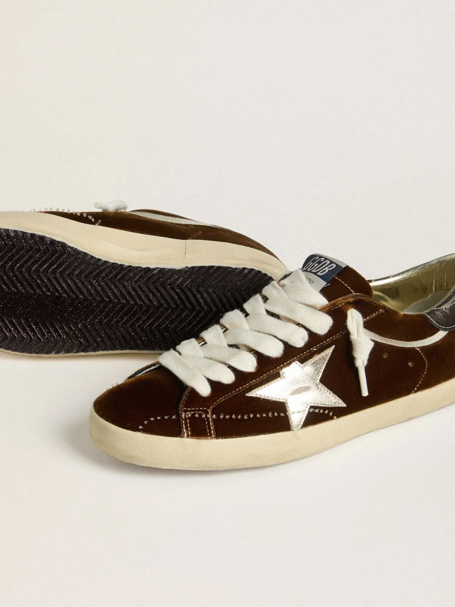 Super-Star Uomo in velluto cognac con stella e talloncino in pelle laminata