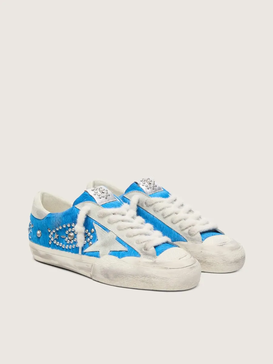Super-Star uomo LAB in cavallino bluette con stella suede e borchie