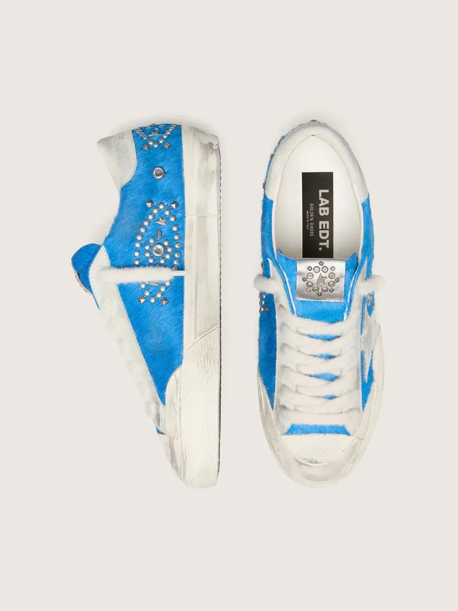 Super-Star uomo LAB in cavallino bluette con stella suede e borchie