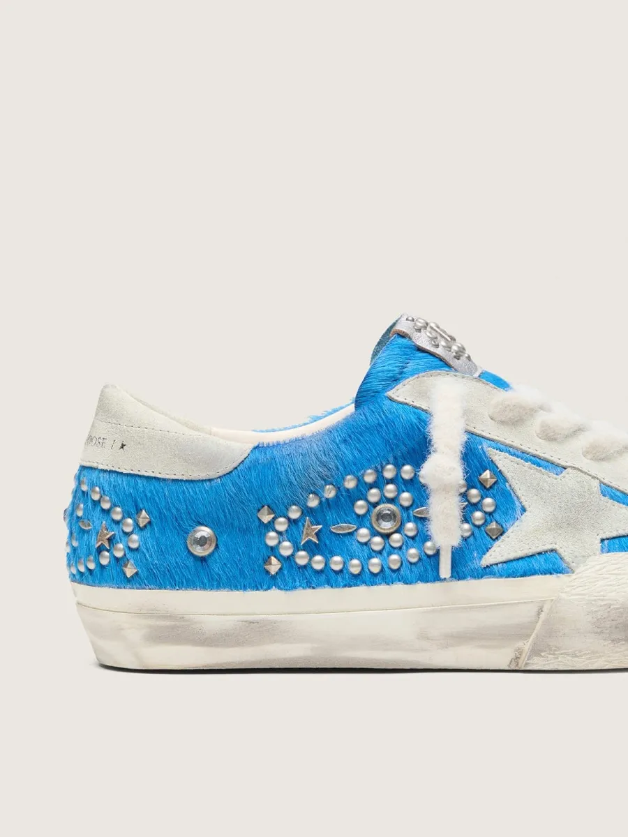 Super-Star uomo LAB in cavallino bluette con stella suede e borchie