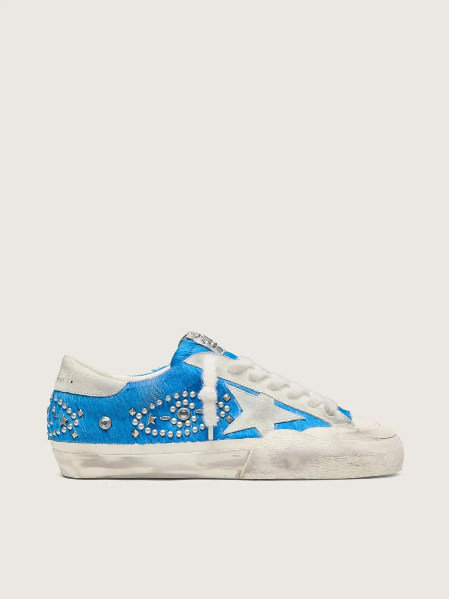 Super-Star uomo LAB in cavallino bluette con stella suede e borchie
