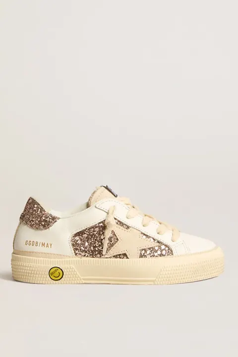 May Teen in pelle bianca e glitter oro rosa con stella in suede beige