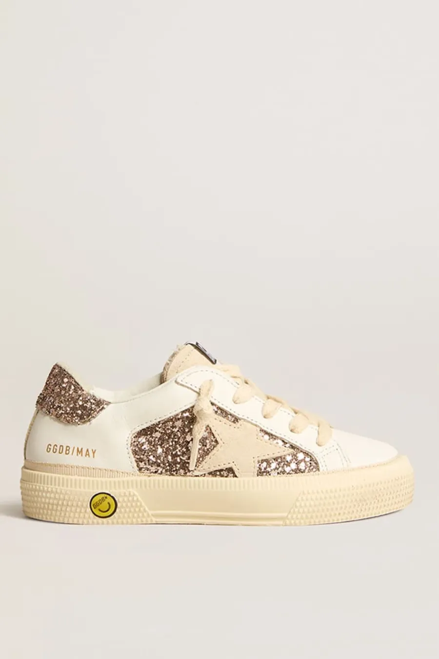May Teen in pelle bianca e glitter oro rosa con stella in suede beige
