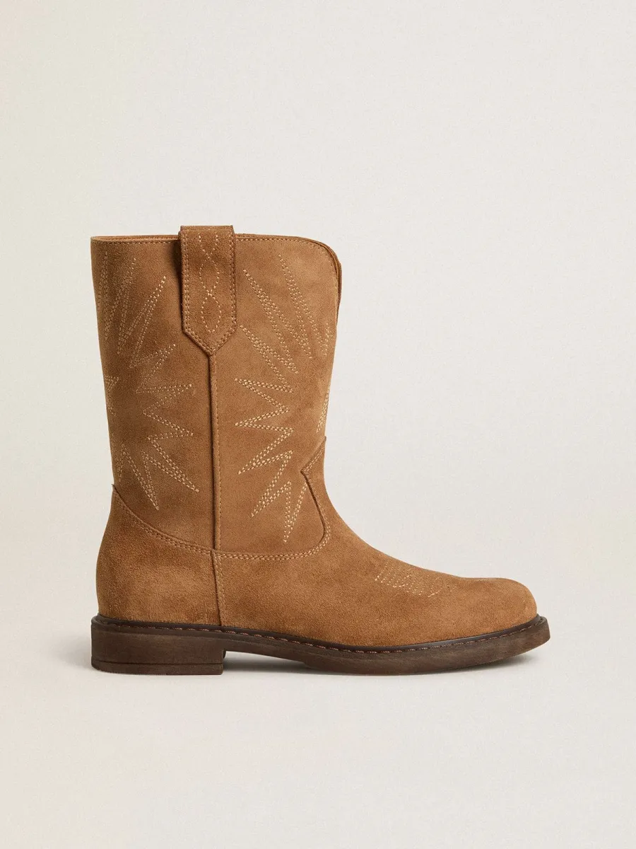Stivali Wish Teen in suede cammello con ricamo a stella