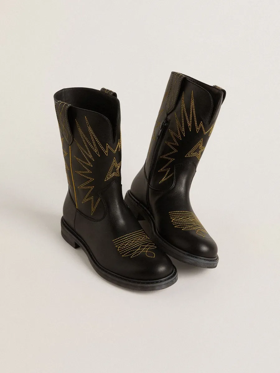 Stivali Wish Teen in pelle nera con ricamo a stella giallo