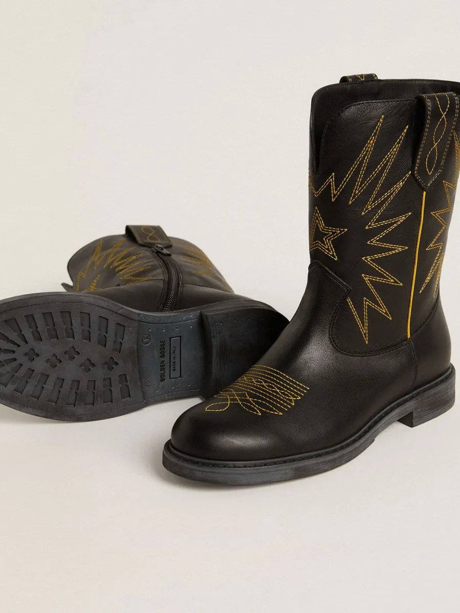Stivali Wish Teen in pelle nera con ricamo a stella giallo