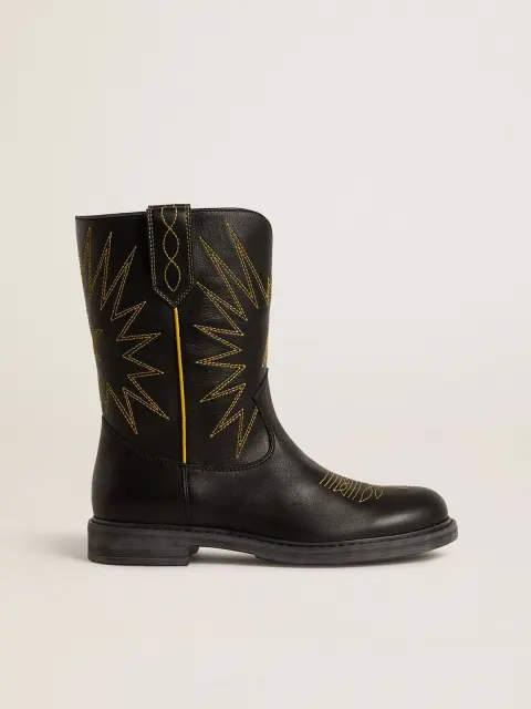 Stivali Wish Teen in pelle nera con ricamo a stella giallo
