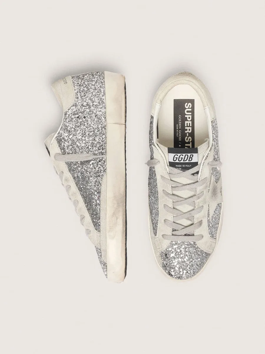 Super-Star Donna in glitter argento con stella in suede grigio ghiaccio