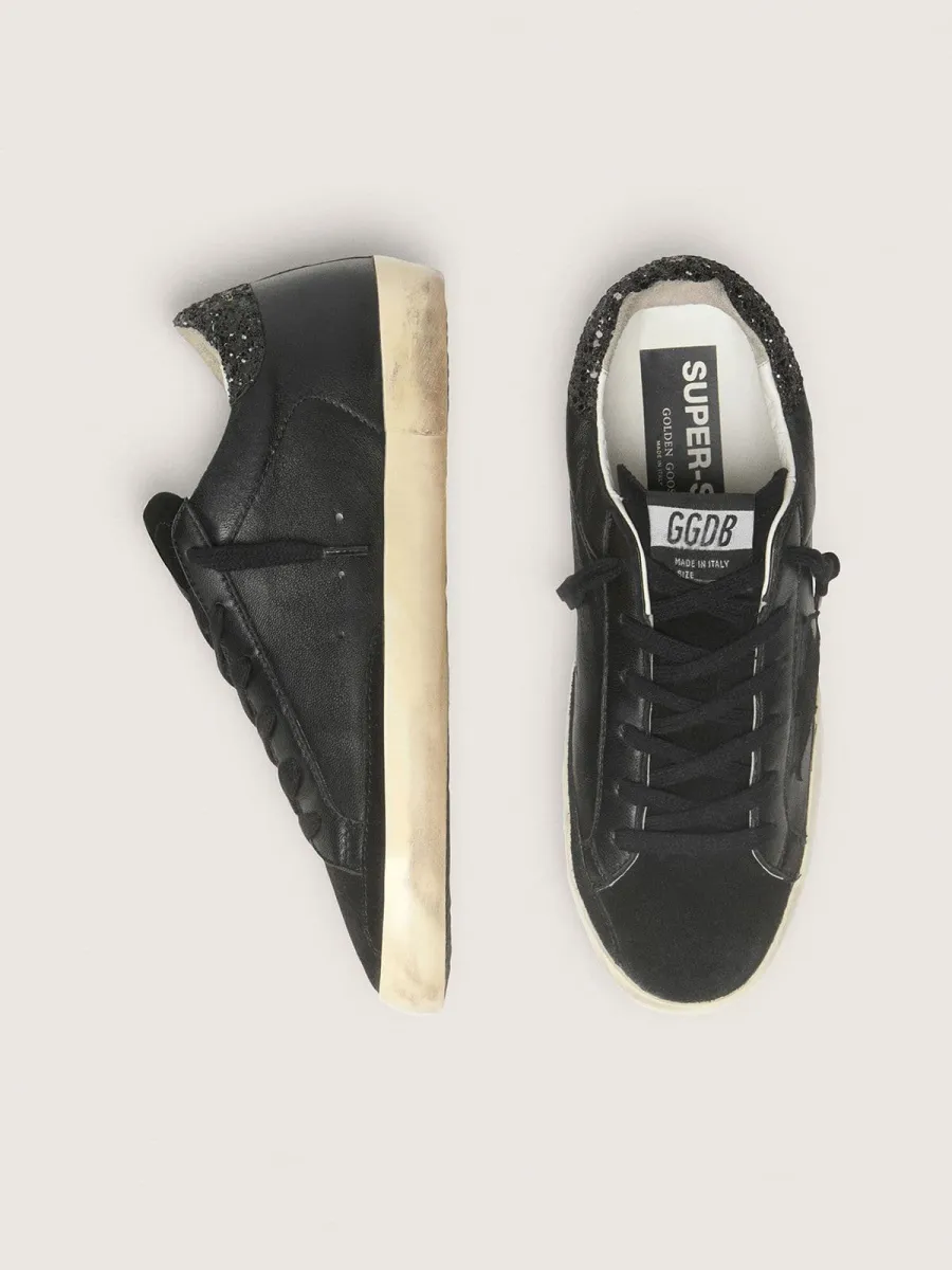 Super-Star Donna in nappa nera con stella in suede nero e talloncino in glitter neri
