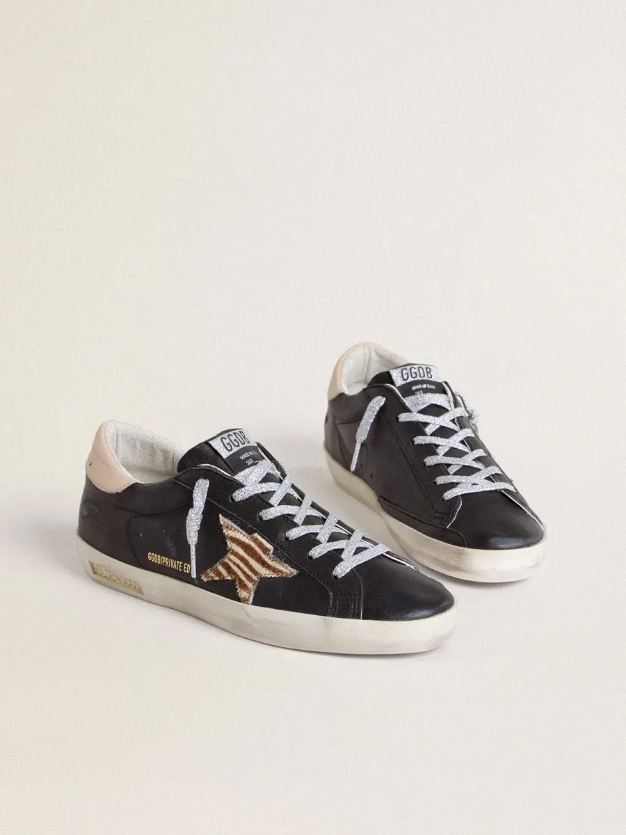 Super-Star Donna in nappa nera con stella in cavallino zebrato e talloncino in pelle beige