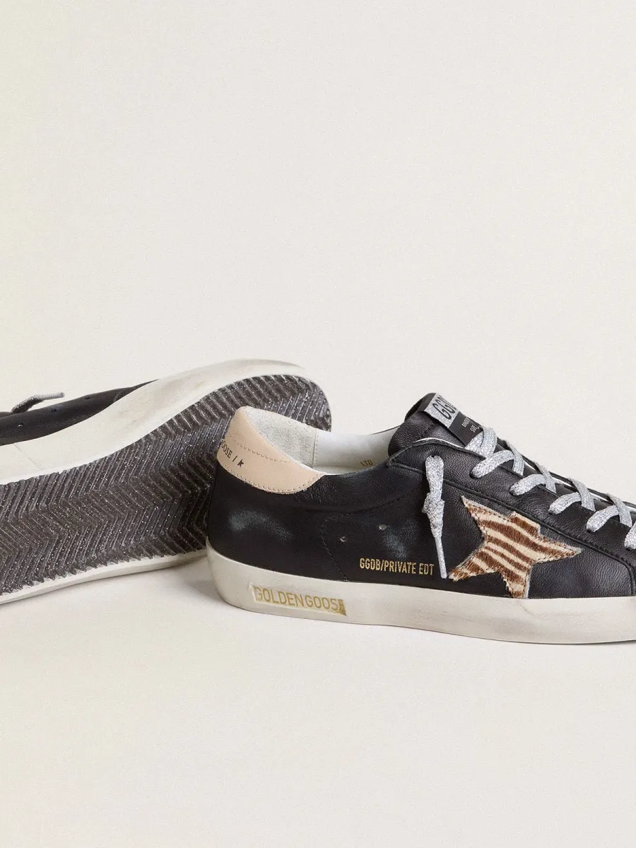 Super-Star Donna in nappa nera con stella in cavallino zebrato e talloncino in pelle beige
