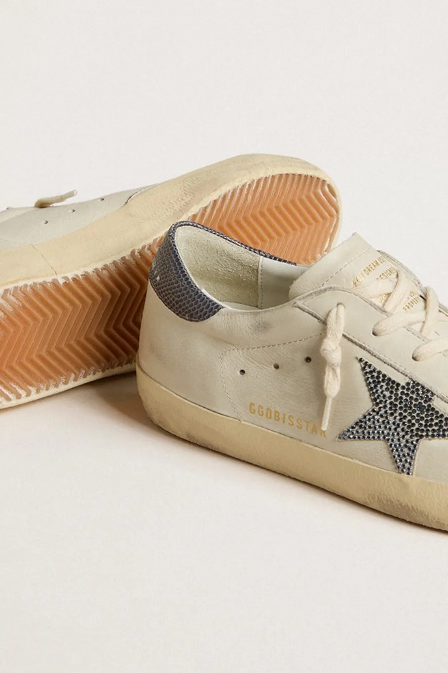 Super-Star  con stella in pelle color panna con cristalli Swarovski e talloncino in pelle blu con stampa lucertola