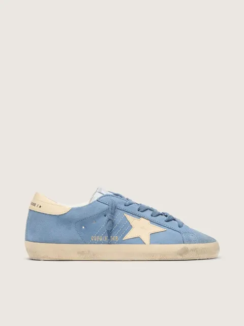 Super-Star in suede azzurro con stella e talloncino in pelle beige