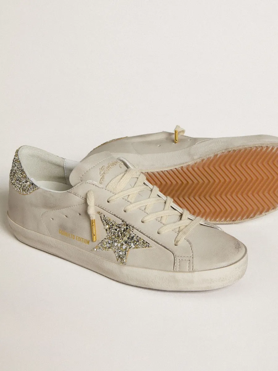 Super-Star Donna  in nappa avorio con stella e talloncino in glitter platino