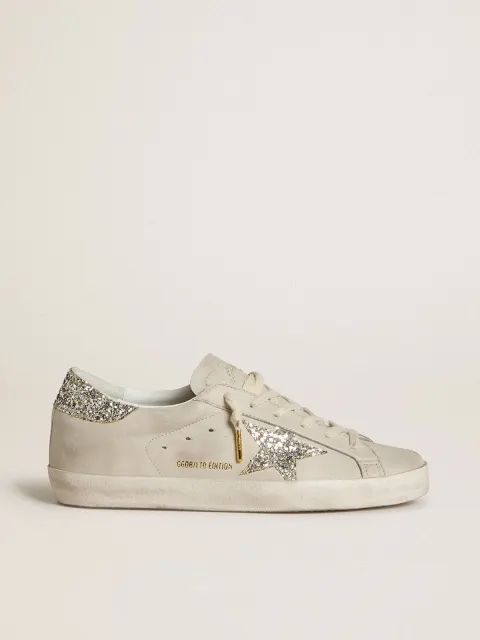 Super-Star Donna  in nappa avorio con stella e talloncino in glitter platino