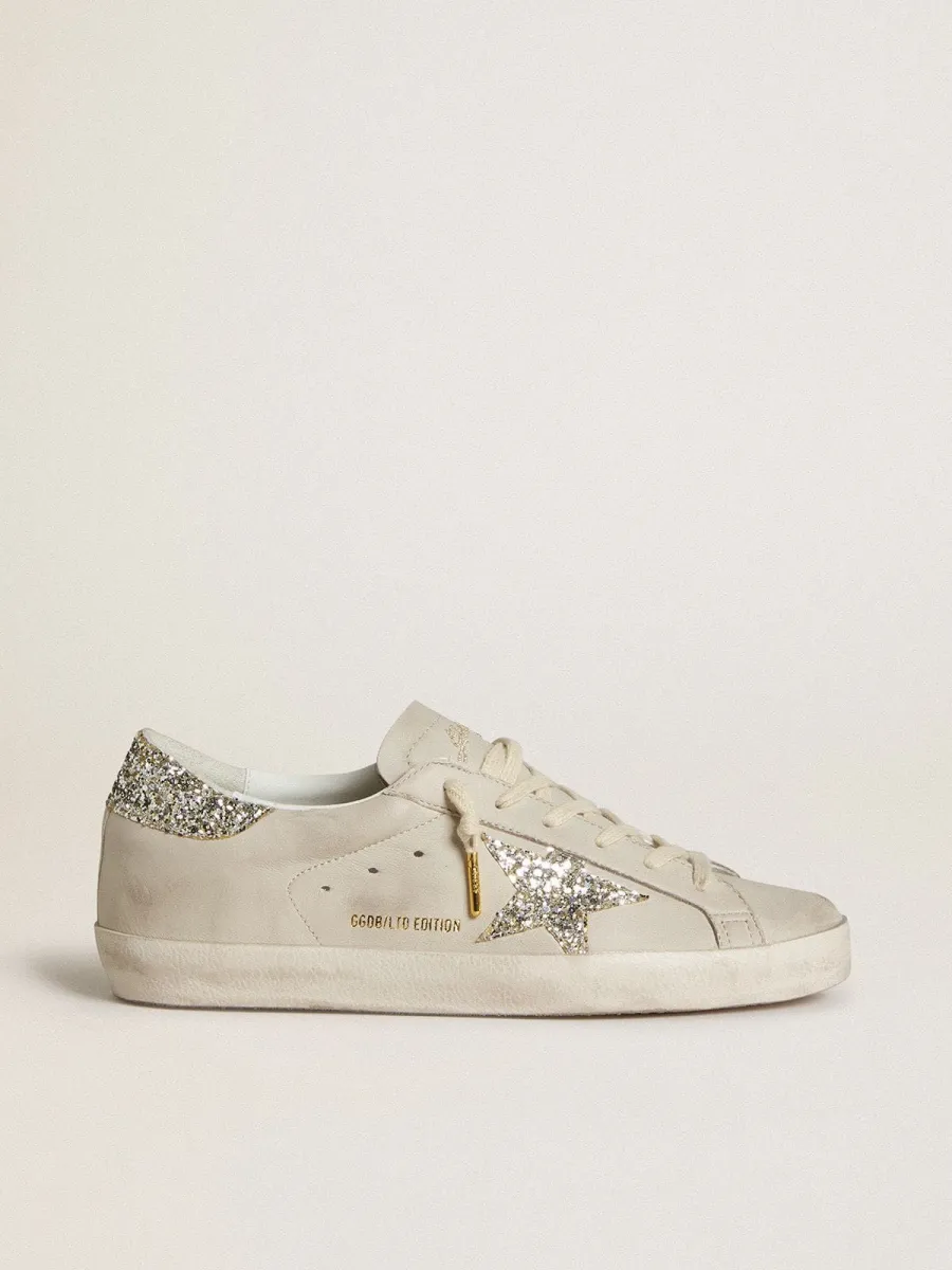 Super-Star Donna  in nappa avorio con stella e talloncino in glitter platino