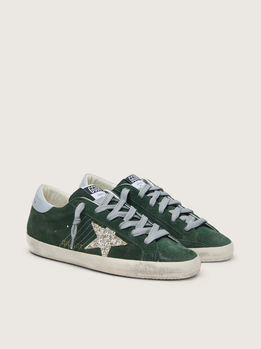 Super-Star Donna in suede verde con stella in glitter argento e talloncino in pelle