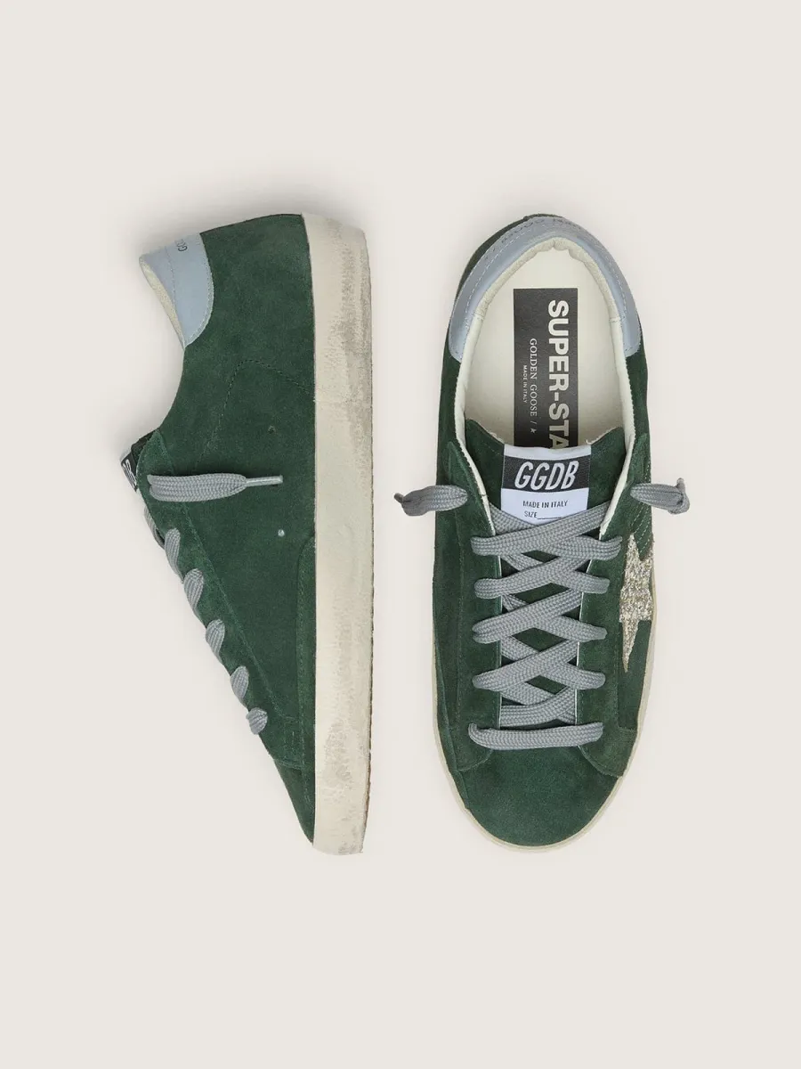 Super-Star Donna in suede verde con stella in glitter argento e talloncino in pelle