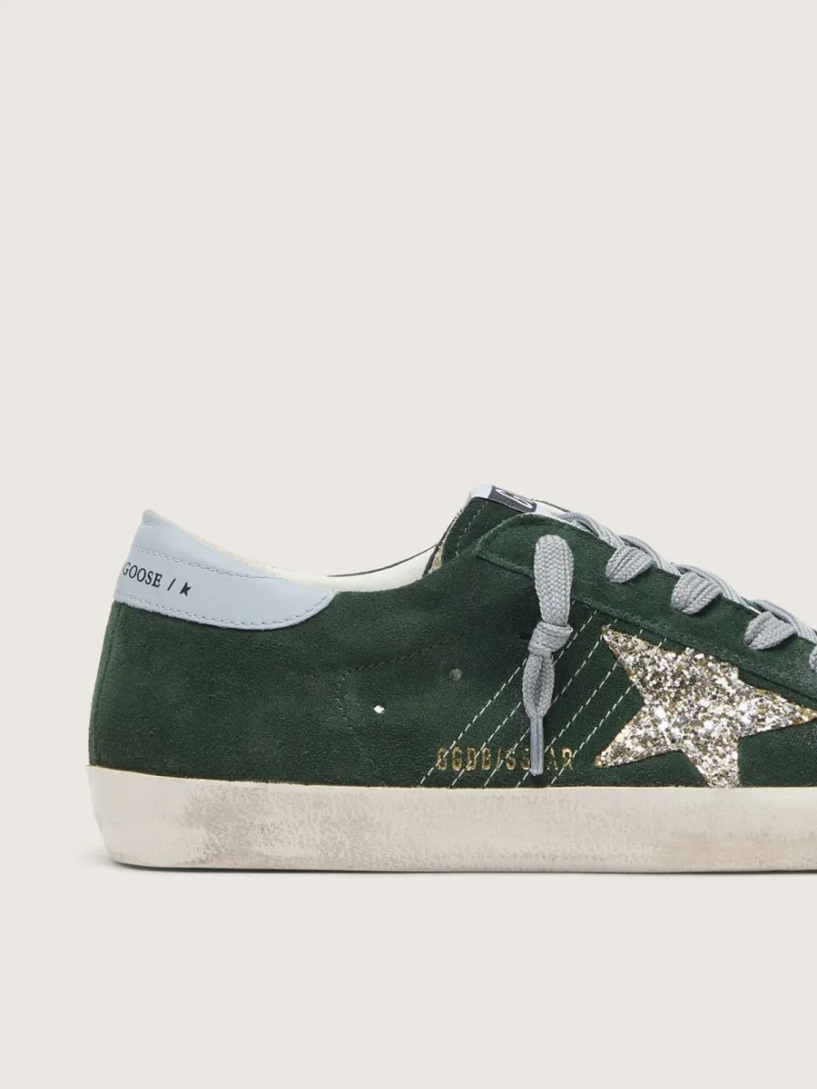 Super-Star Donna in suede verde con stella in glitter argento e talloncino in pelle
