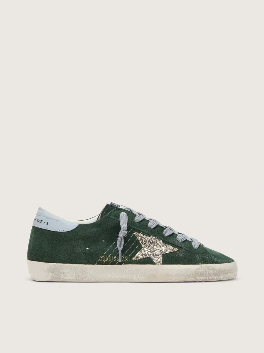 Super-Star Donna in suede verde con stella in glitter argento e talloncino in pelle