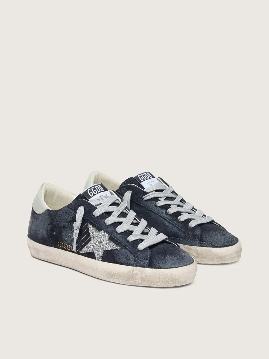Super-Star Donna in suede blu con stella in glitter argento e talloncino in pelle