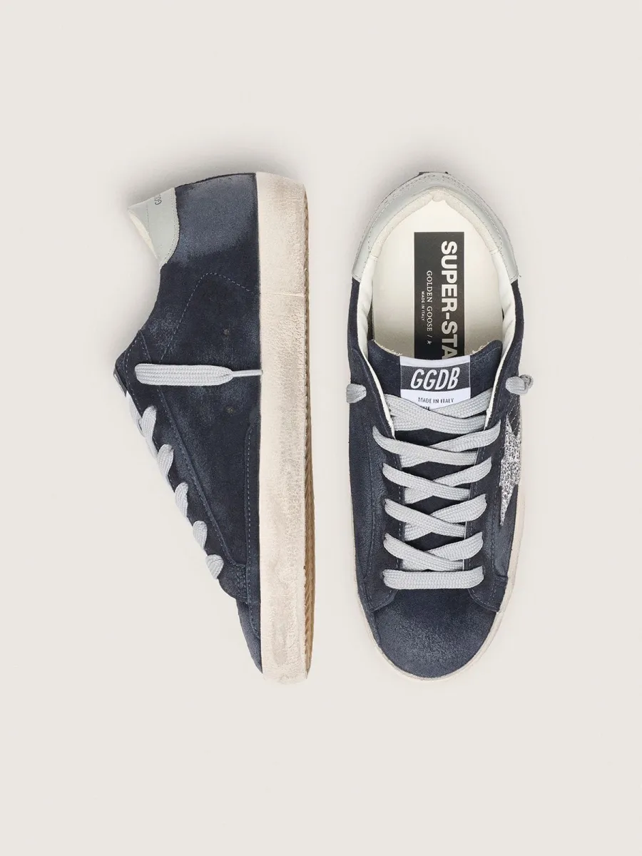 Super-Star Donna in suede blu con stella in glitter argento e talloncino in pelle