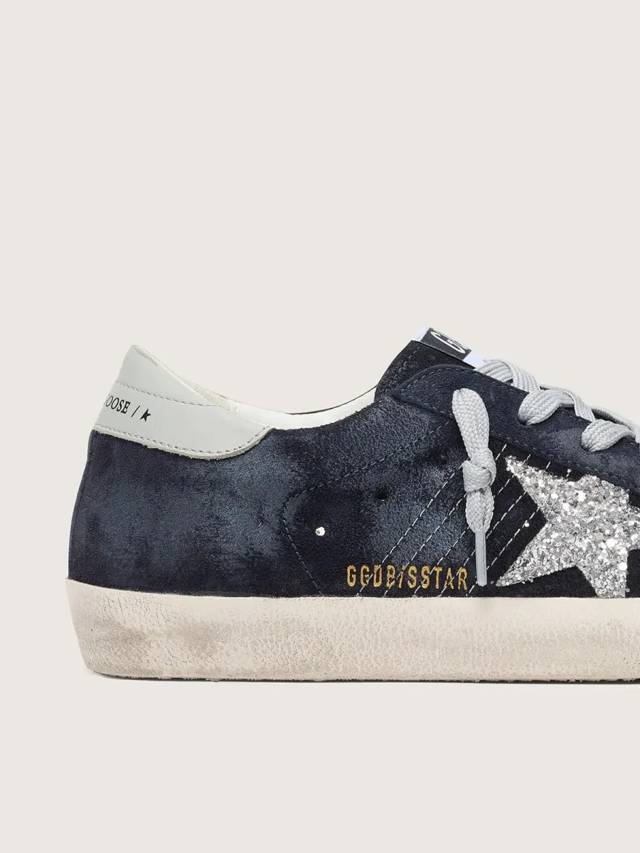 Super-Star Donna in suede blu con stella in glitter argento e talloncino in pelle