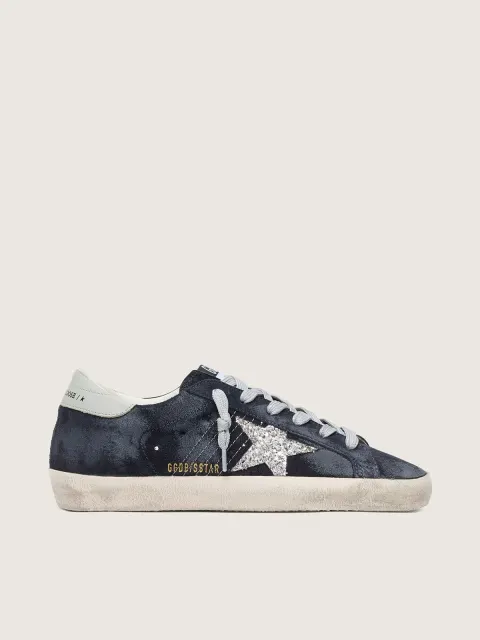 Super-Star Donna in suede blu con stella in glitter argento e talloncino in pelle
