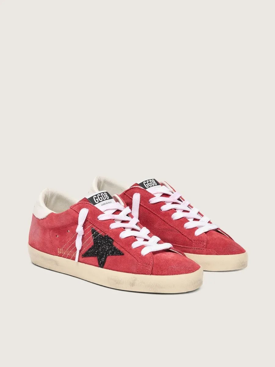 Super-Star Donna in suede rosso con stella in glitter e talloncino bianco