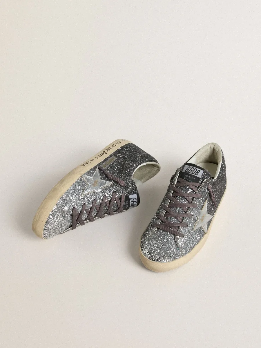Super Star Donna con tomaia in glitter e stella in pelle laminata argento