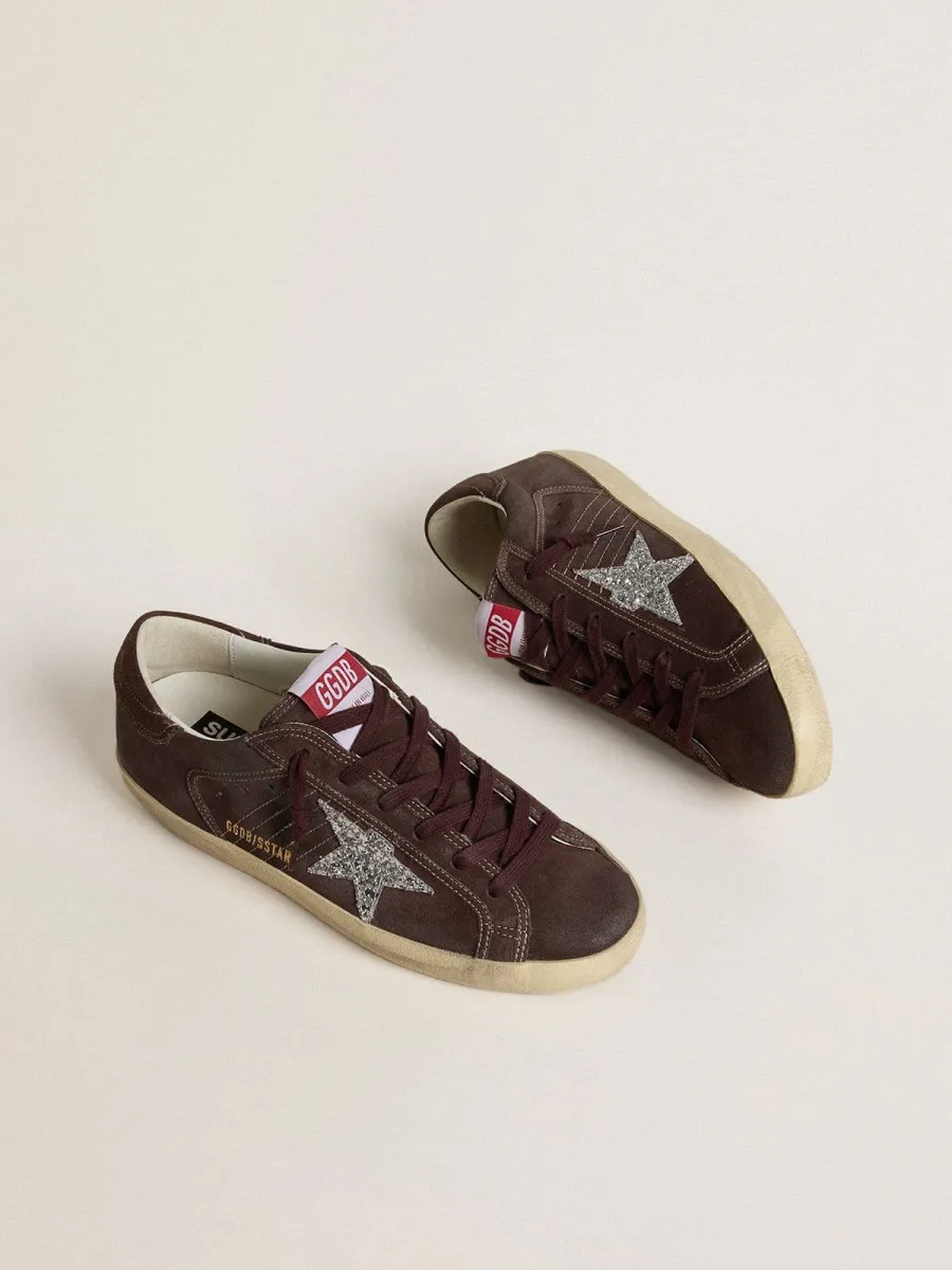 Super-Star Donna in suede color marrone e stella in glitter color argento