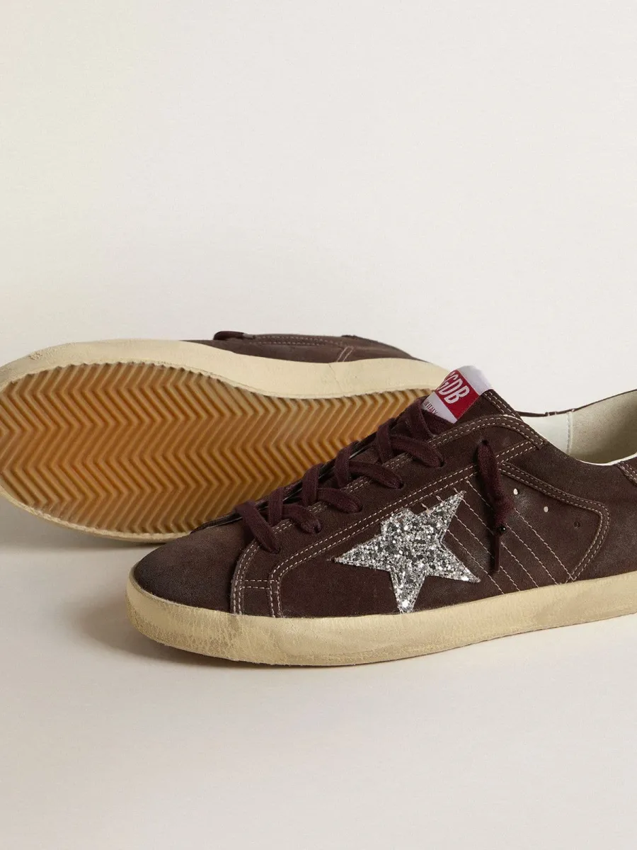 Super-Star Donna in suede color marrone e stella in glitter color argento