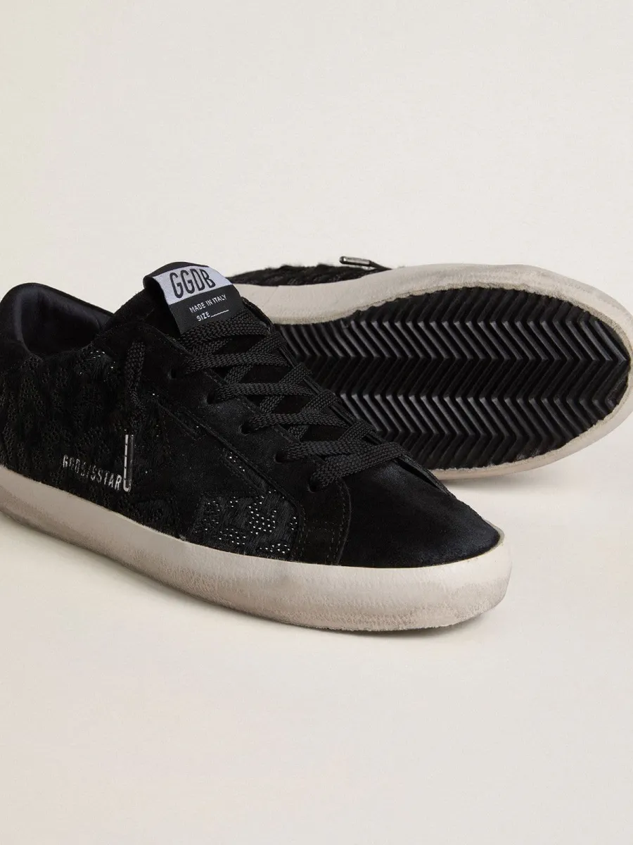 Super-Star Donna in cavallino nero con cristalli Swarovski neri e stella in suede nero