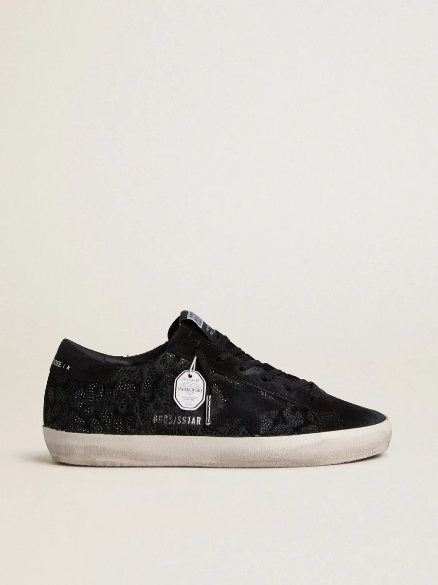 Super-Star Donna in cavallino nero con cristalli Swarovski neri e stella in suede nero