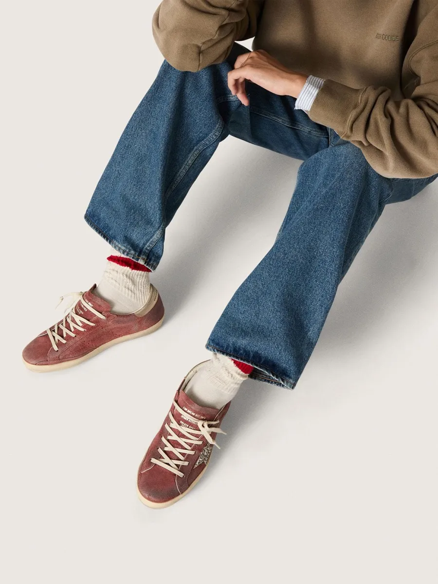 Super-Star Donna LTD in suede rosso con stella in glitter argento e talloncino in pelle laminata
