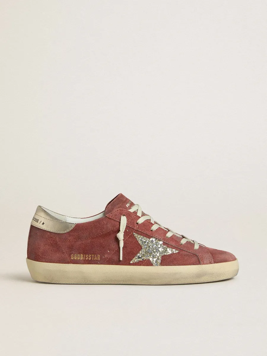 Super-Star Donna LTD in suede rosso con stella in glitter argento e talloncino in pelle laminata