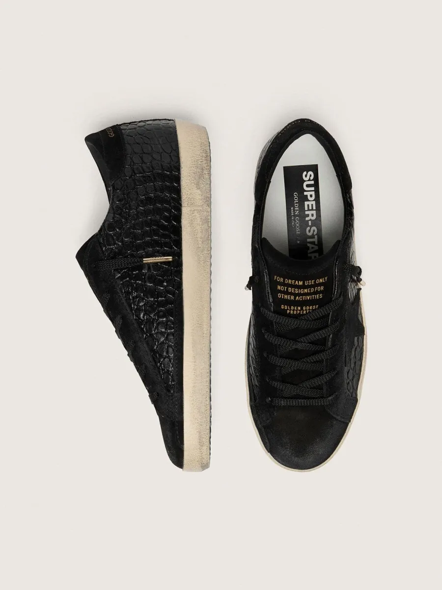 Super-Star Donna LTD in pelle coccodrillo nera con stella e talloncino in suede nero