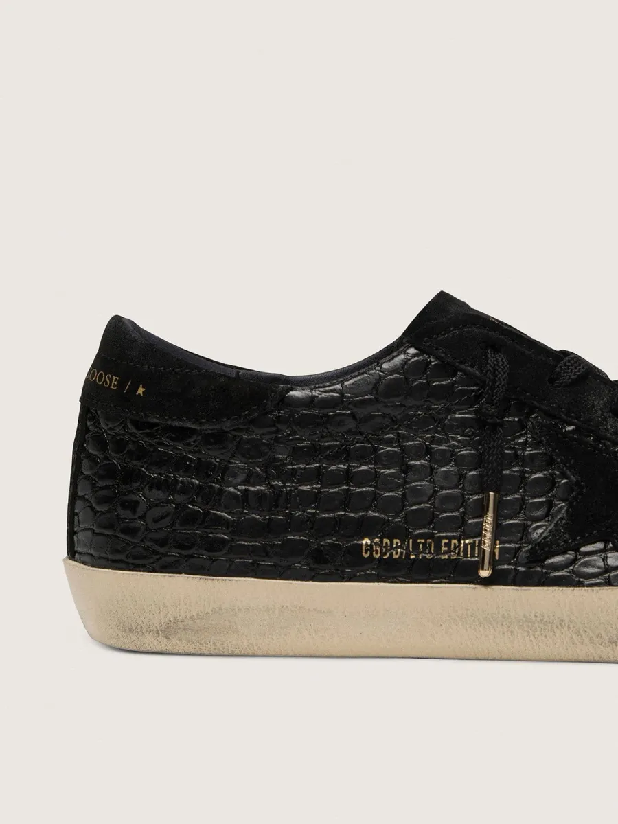 Super-Star Donna LTD in pelle coccodrillo nera con stella e talloncino in suede nero