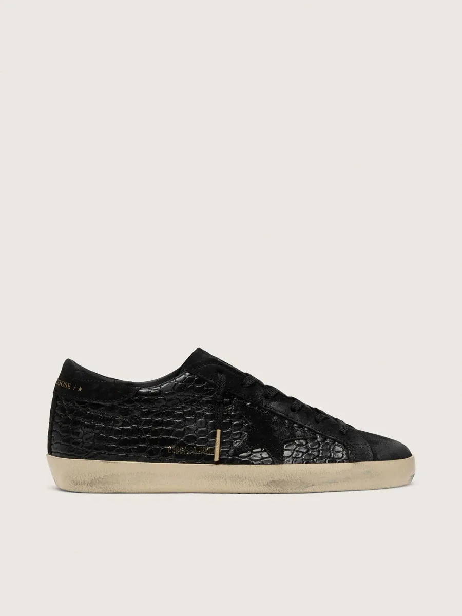 Super-Star Donna LTD in pelle coccodrillo nera con stella e talloncino in suede nero