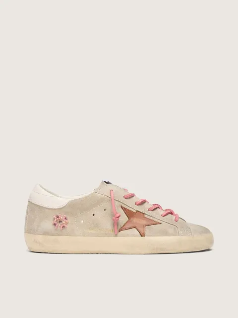 Super-Star LTD donna in suede color perla con stella color mattone e ricamo