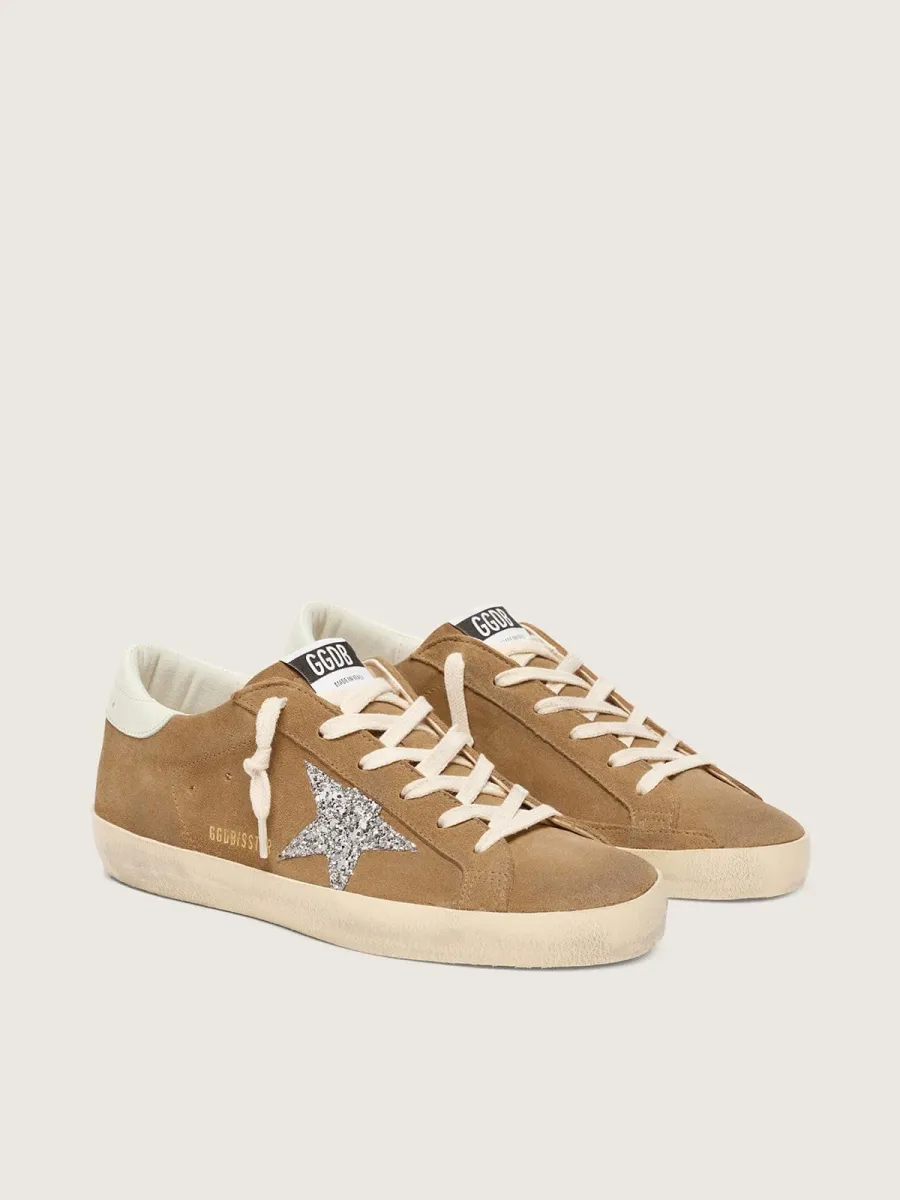 Super-Star donna in suede tabacco con stella glitter argento